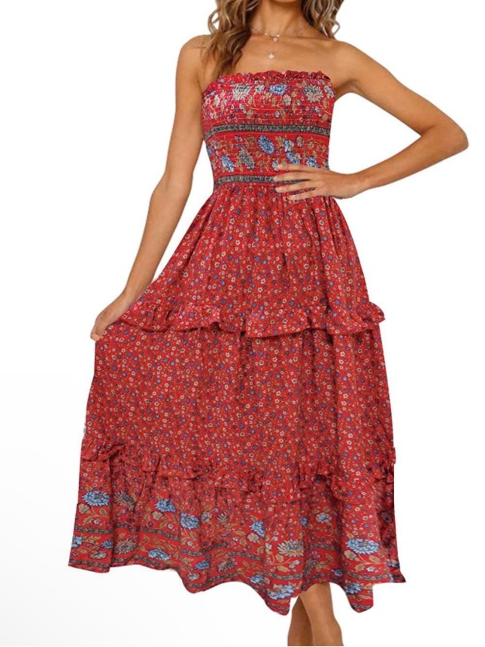 Zesica Floral Strapless Tiered Maxi Dress EUC